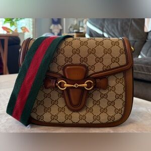Gucci Brown and Tan Lady Web Crossbody Bag with Gucci Red and Green Strap